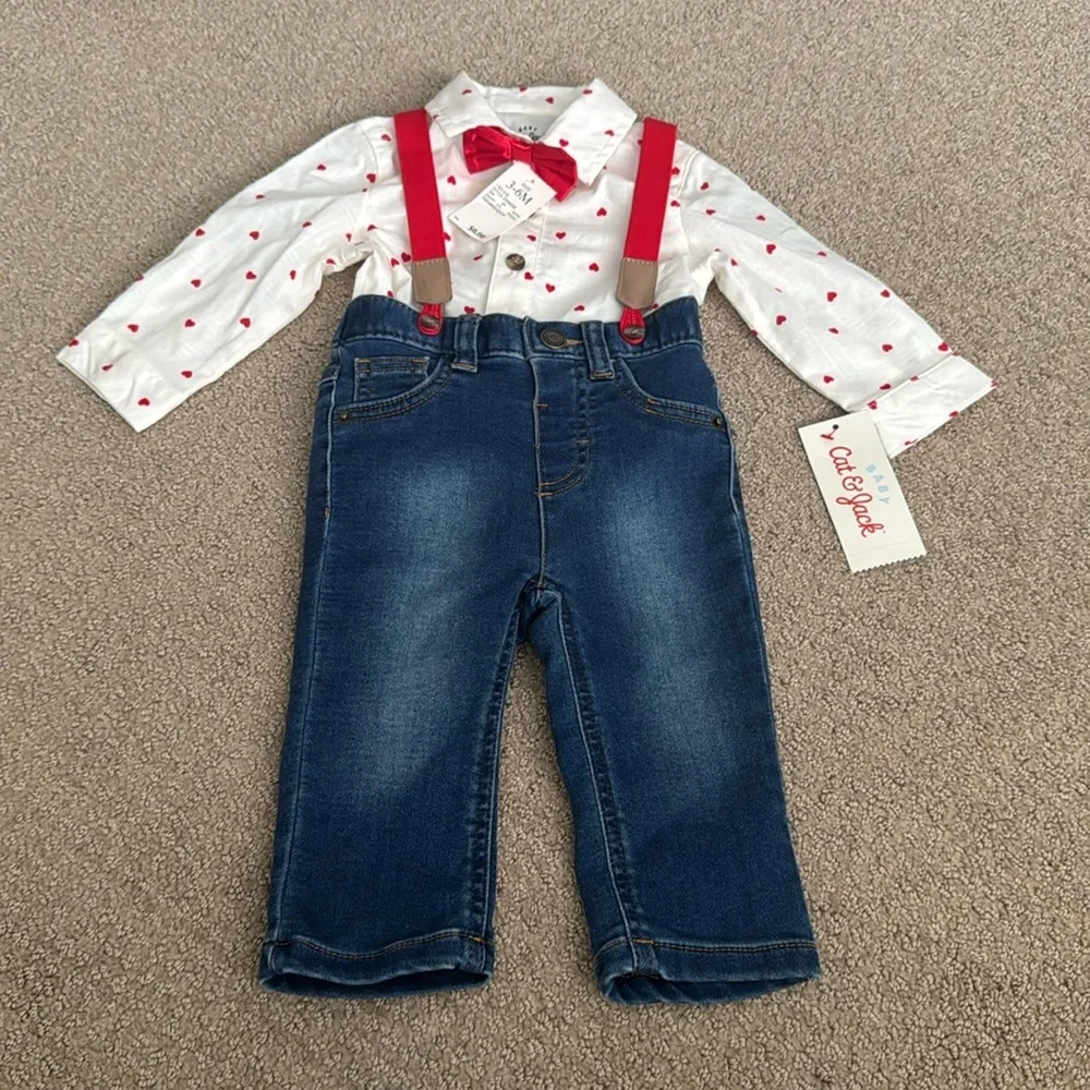 219 Just One You by Carter’s Heart Bodysuit Overall‎ Denim & Bow Tie Size 3-6 mo